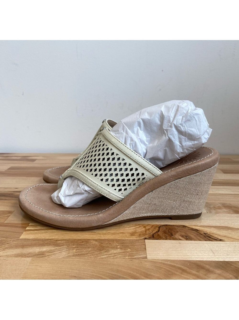 UGG wedge sandals cream tan wedges perfored slip on leather upper rubber sole 5